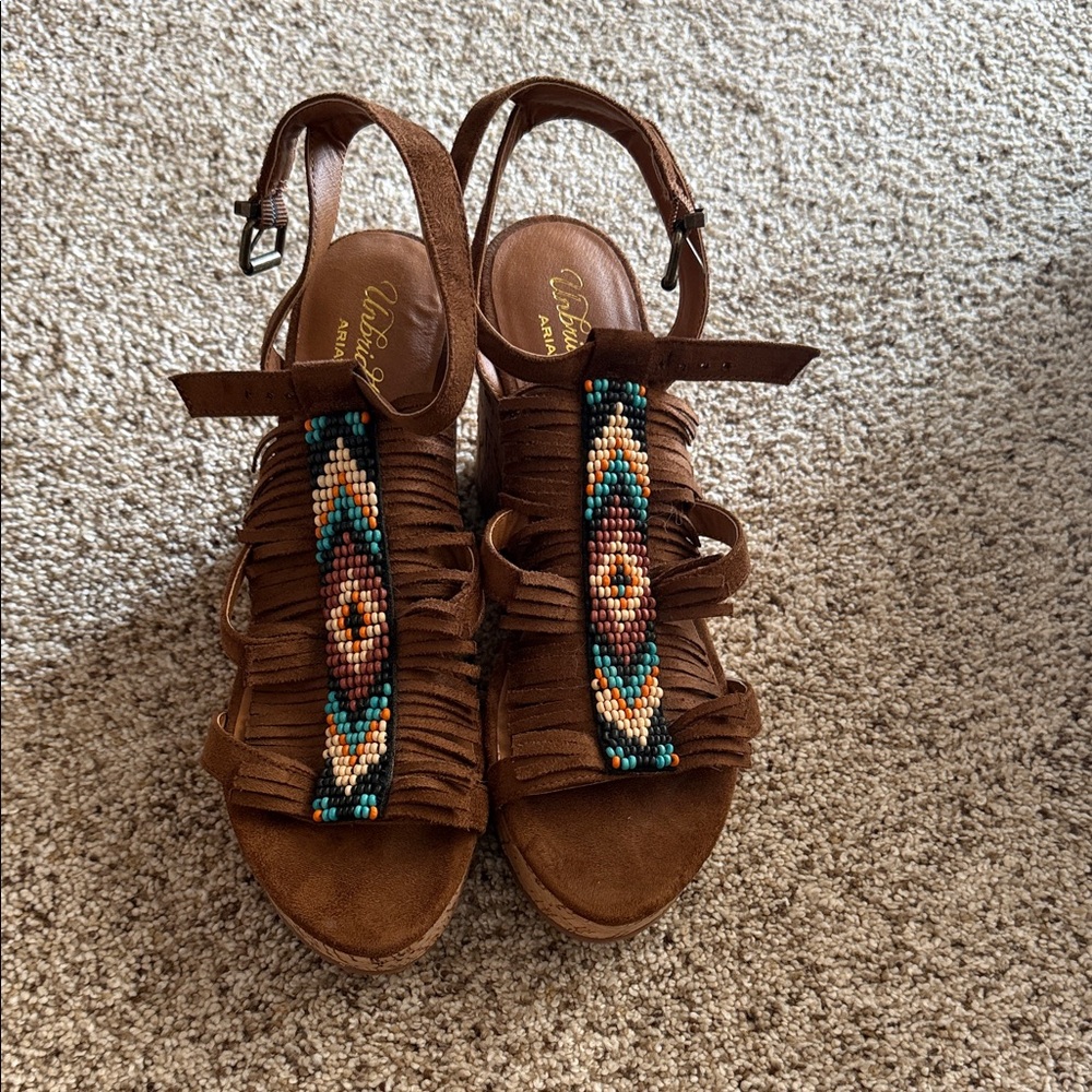 Ariat Brown Suede Wedge Sandals with Turquoise & Orange Bead Detail